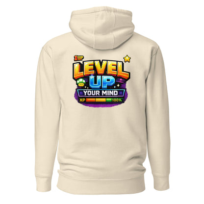Hoodie LEVEL UP YOUR MIND beige visuel coloré dos et logo noir face Mindset Ambition