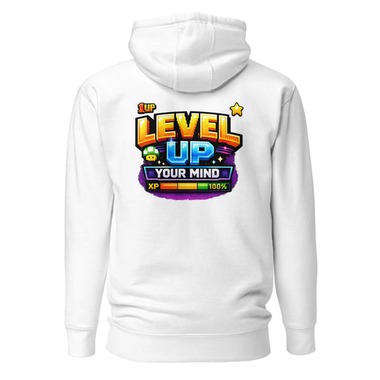Hoodie LEVEL UP YOUR MIND blanc visuel coloré dos et logo noir face Mindset Ambition