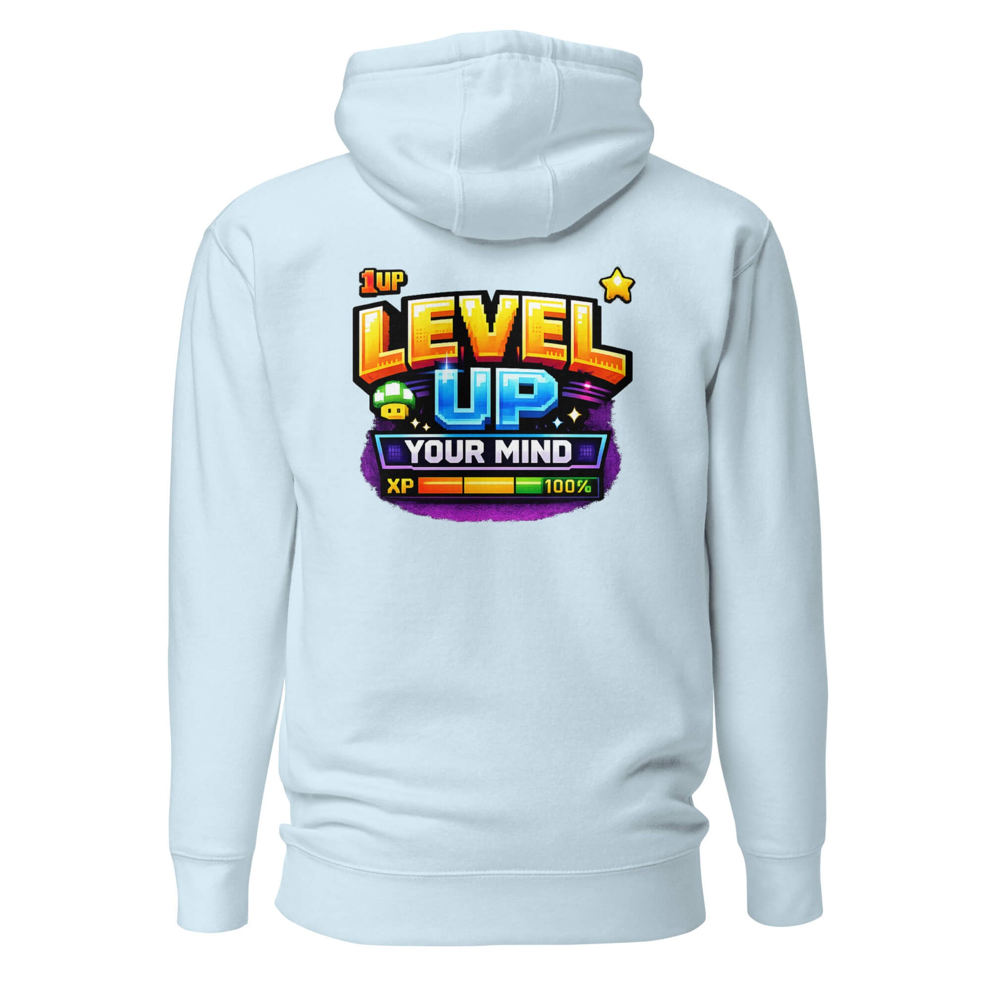 Hoodie LEVEL UP YOUR MIND bleu ciel visuel coloré dos et logo noir face Mindset Ambition