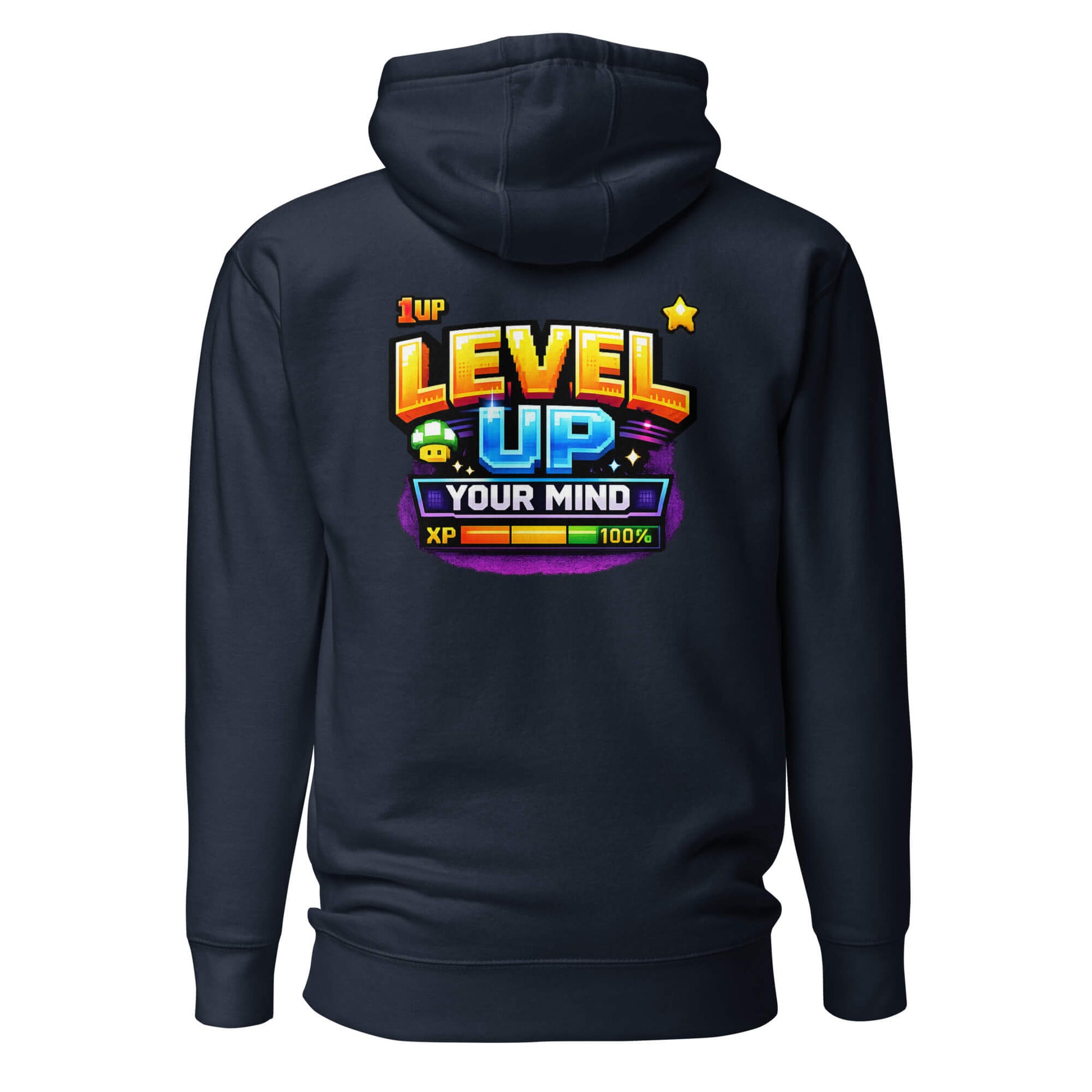 Hoodie LEVEL UP YOUR MIND bleu marine visuel coloré dos et logo blanc face Mindset Ambition