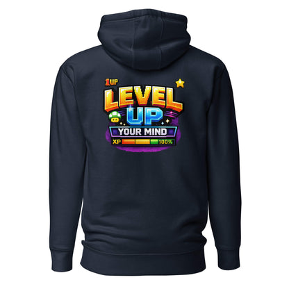 Hoodie LEVEL UP YOUR MIND bleu marine visuel coloré dos et logo blanc face Mindset Ambition