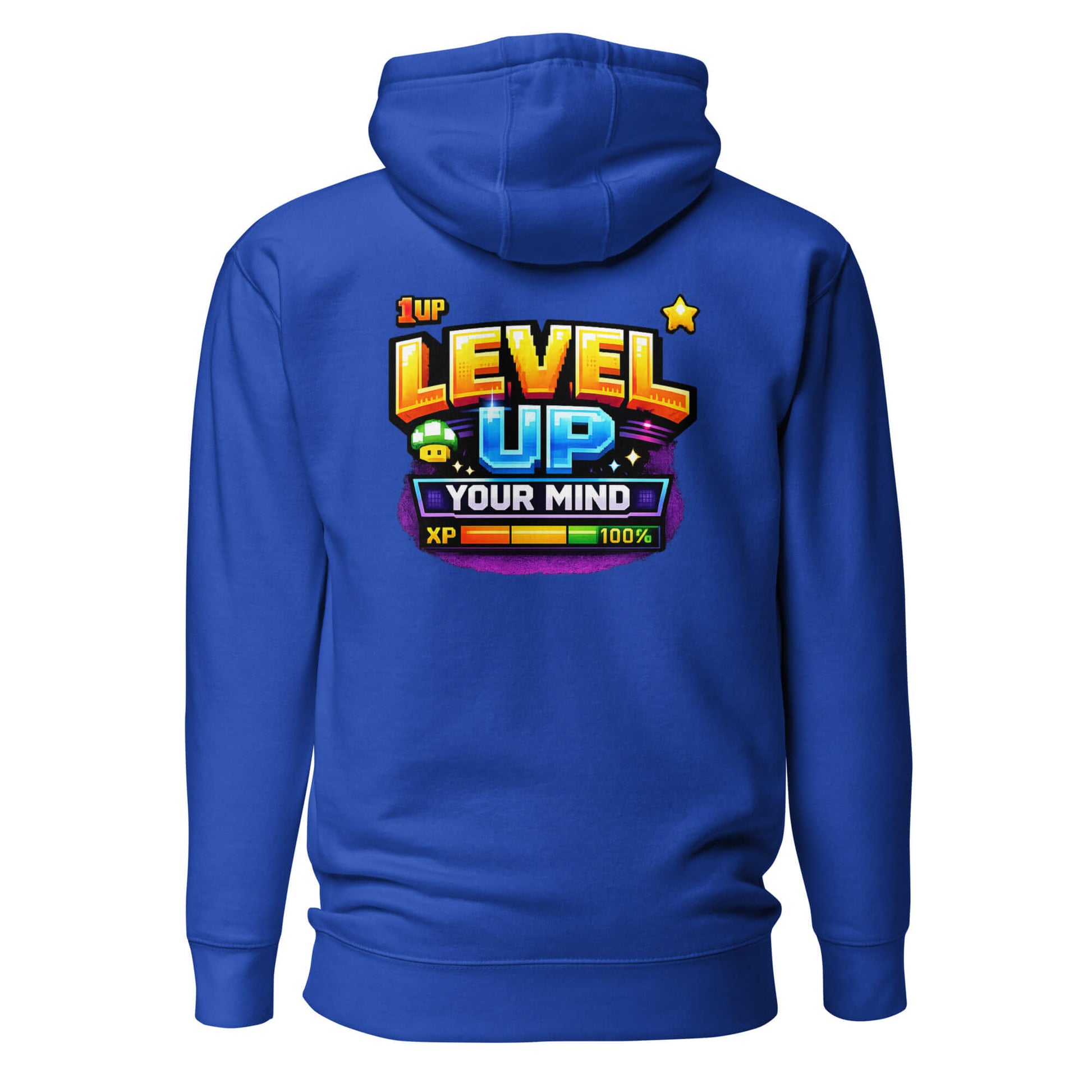 Hoodie LEVEL UP YOUR MIND bleu roi visuel coloré dos et logo blanc face Mindset Ambition