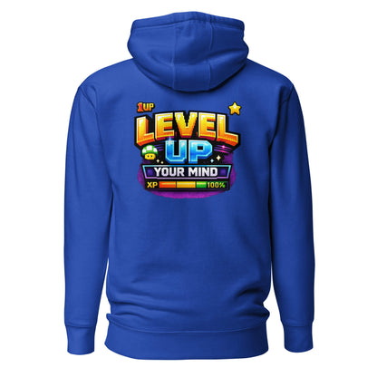 Hoodie LEVEL UP YOUR MIND bleu roi visuel coloré dos et logo blanc face Mindset Ambition