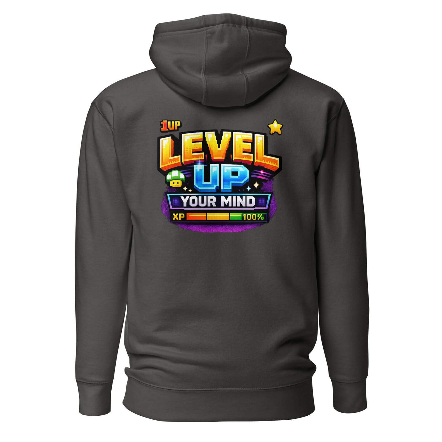 Hoodie LEVEL UP YOUR MIND gris anthracite visuel coloré dos et logo blanc face Mindset Ambition