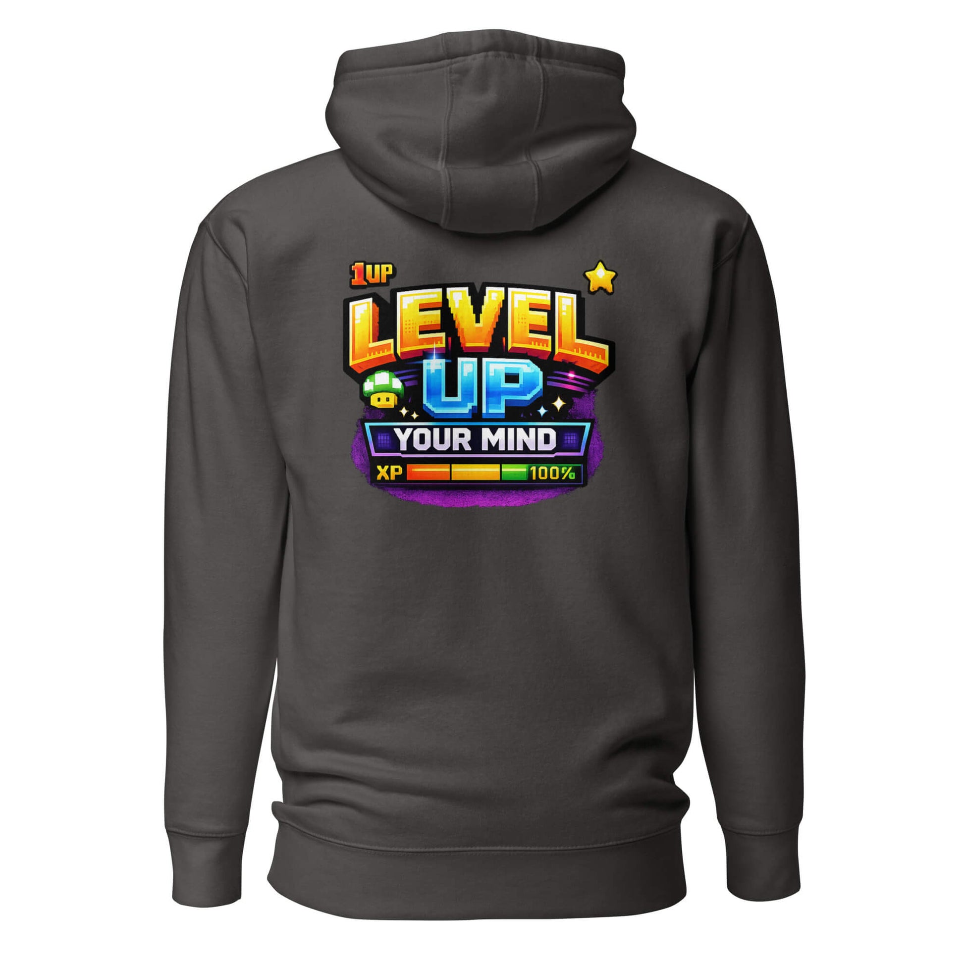 Hoodie LEVEL UP YOUR MIND gris anthracite visuel coloré dos et logo blanc face Mindset Ambition