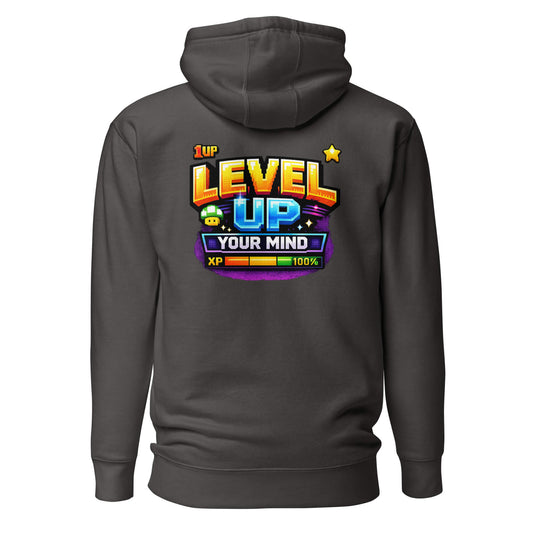 Hoodie LEVEL UP YOUR MIND gris anthracite visuel coloré dos et logo blanc face Mindset Ambition