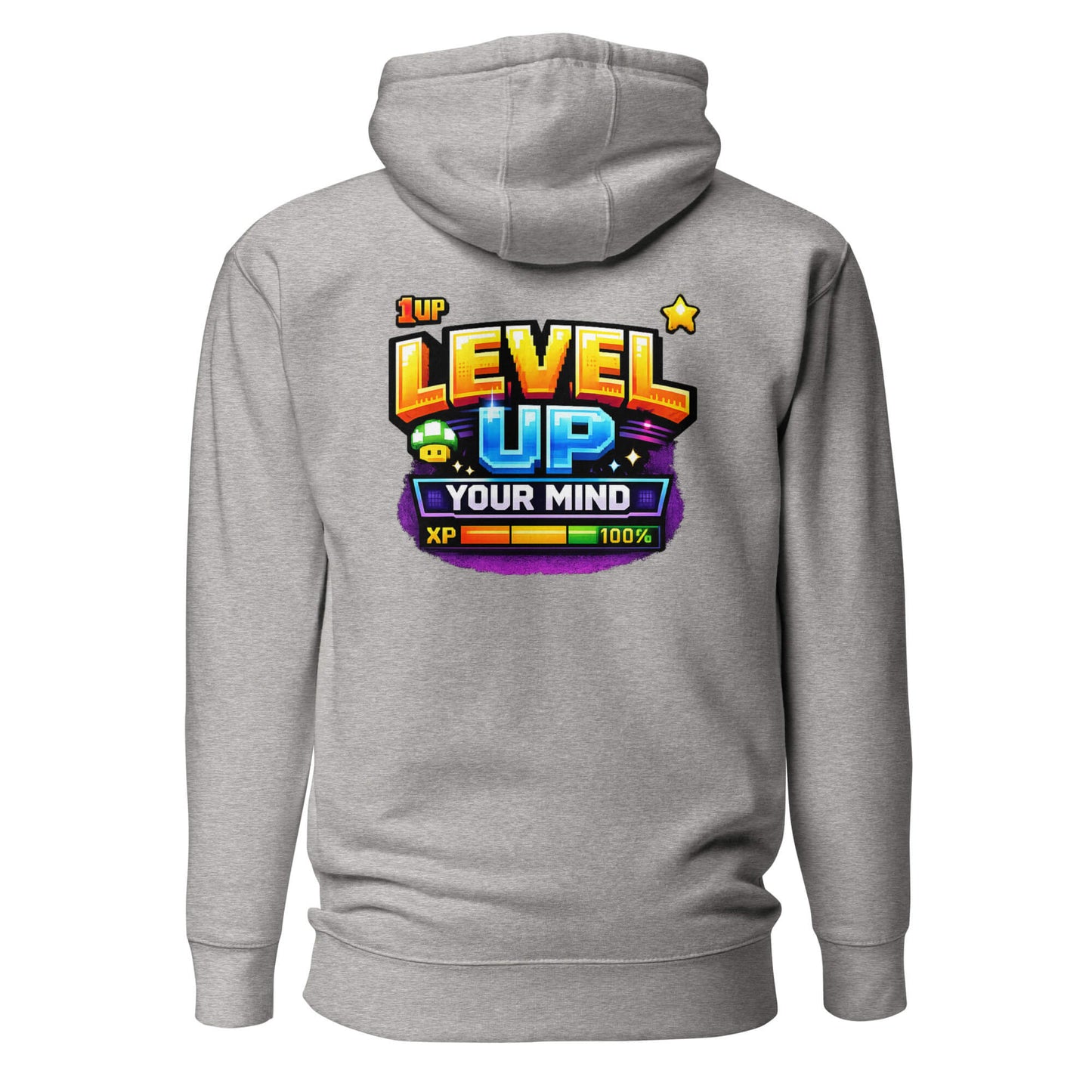 Hoodie LEVEL UP YOUR MIND gris chiné visuel coloré dos et logo noir face Mindset Ambition