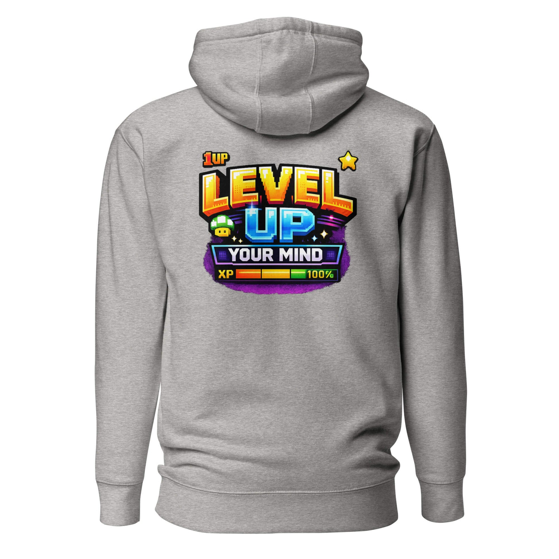 Hoodie LEVEL UP YOUR MIND gris chiné visuel coloré dos et logo noir face Mindset Ambition