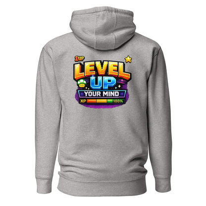 Hoodie LEVEL UP YOUR MIND gris chiné visuel coloré dos et logo noir face Mindset Ambition