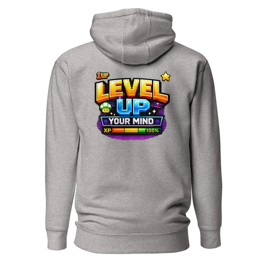 Hoodie LEVEL UP YOUR MIND gris chiné visuel coloré dos et logo noir face Mindset Ambition