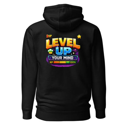 Hoodie LEVEL UP YOUR MIND noir visuel coloré dos et logo blanc face Mindset Ambition