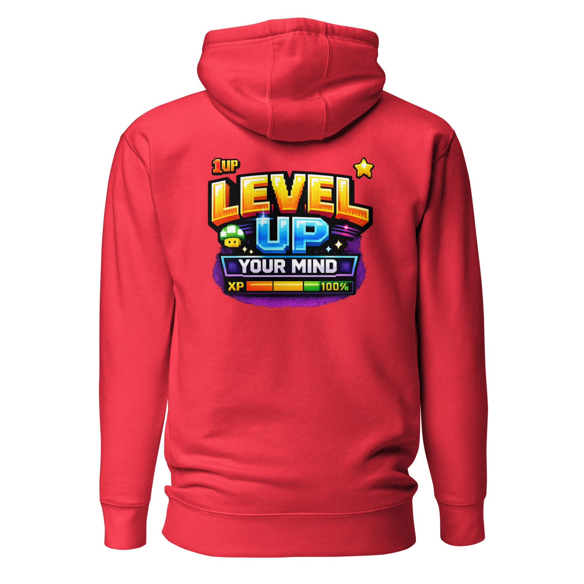 Hoodie LEVEL UP YOUR MIND rouge visuel coloré dos et logo noir face Mindset Ambition