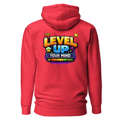 Hoodie LEVEL UP YOUR MIND rouge visuel coloré dos et logo noir face Mindset Ambition