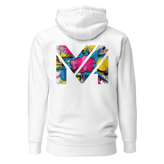 Hoodie MAKE SOME NOISE blanc visuel coloré dos et logo noir face Mindset Ambition