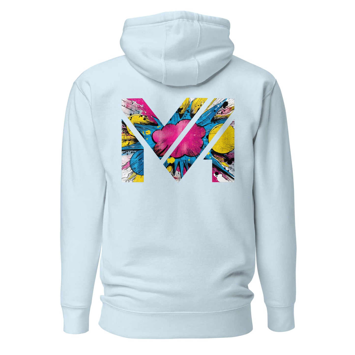 Hoodie MAKE SOME NOISE bleu ciel visuel coloré dos et logo noir face Mindset Ambition