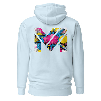 Hoodie MAKE SOME NOISE bleu ciel visuel coloré dos et logo noir face Mindset Ambition