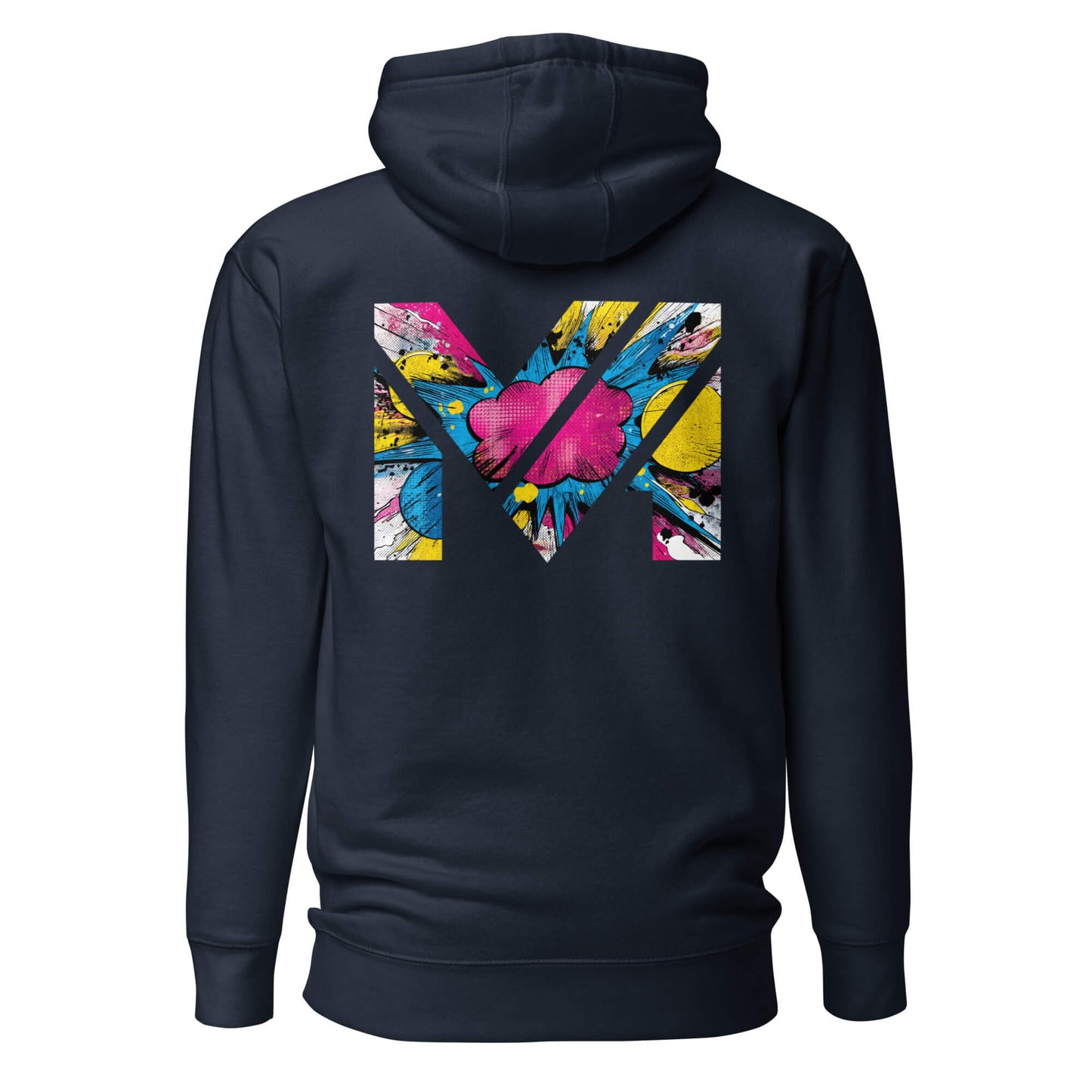 Hoodie MAKE SOME NOISE bleu marine visuel coloré dos et logo blanc face Mindset Ambition