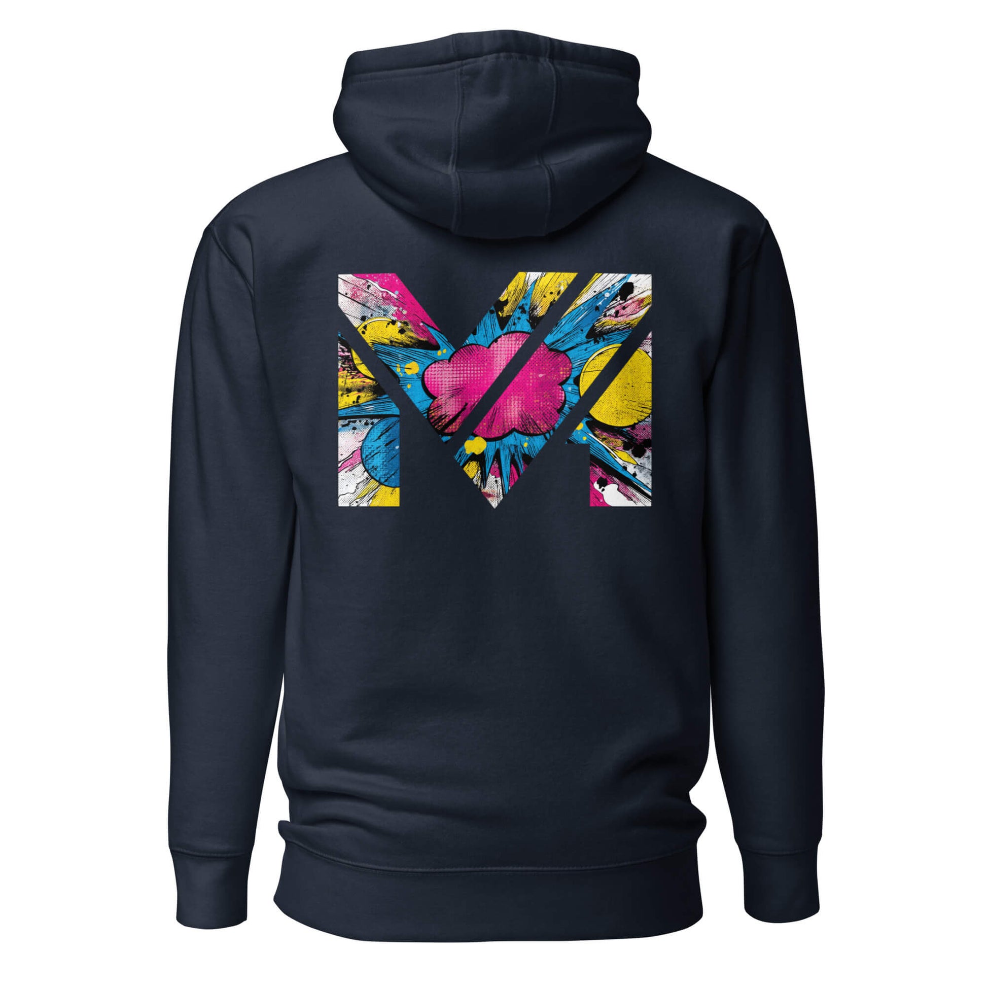Hoodie MAKE SOME NOISE bleu marine visuel coloré dos et logo blanc face Mindset Ambition