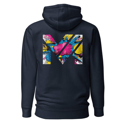 Hoodie MAKE SOME NOISE bleu marine visuel coloré dos et logo blanc face Mindset Ambition
