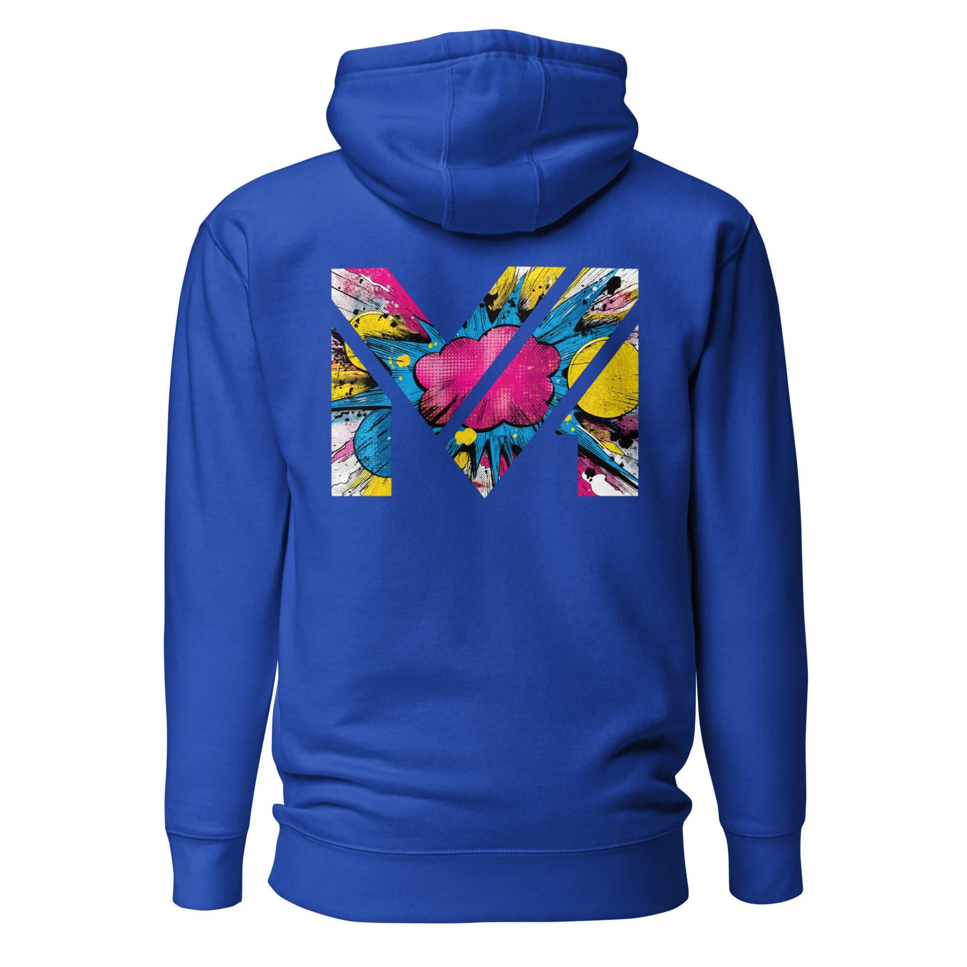 Hoodie MAKE SOME NOISE bleu roi visuel coloré dos et logo blanc face Mindset Ambition