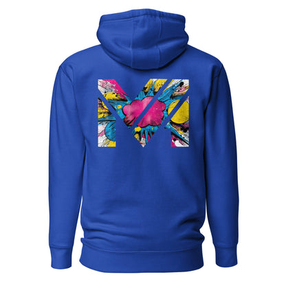 Hoodie MAKE SOME NOISE bleu roi visuel coloré dos et logo blanc face Mindset Ambition