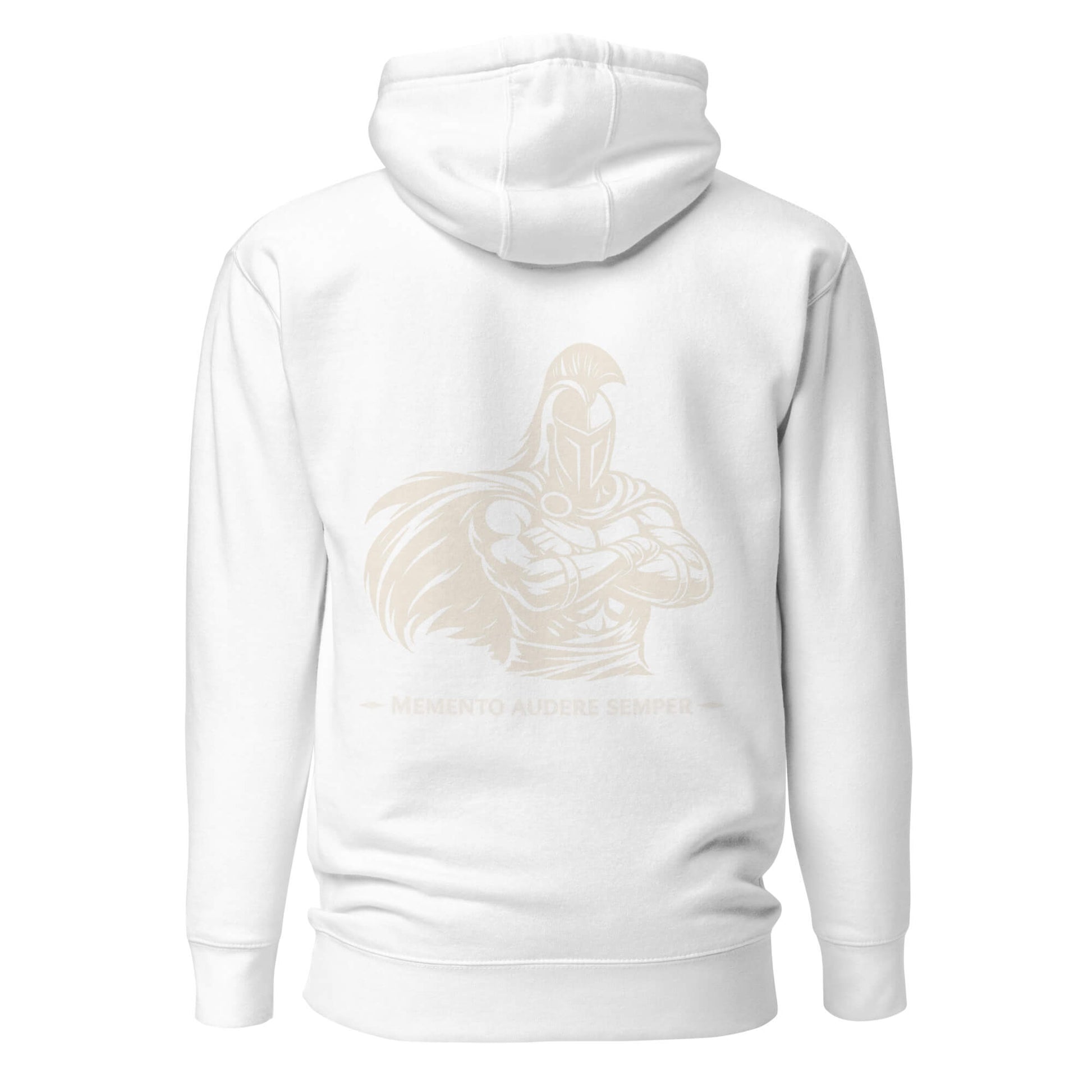 Hoodie Memento Audere Semper blanc visuel doré dos et logo doré face Mindset Ambition