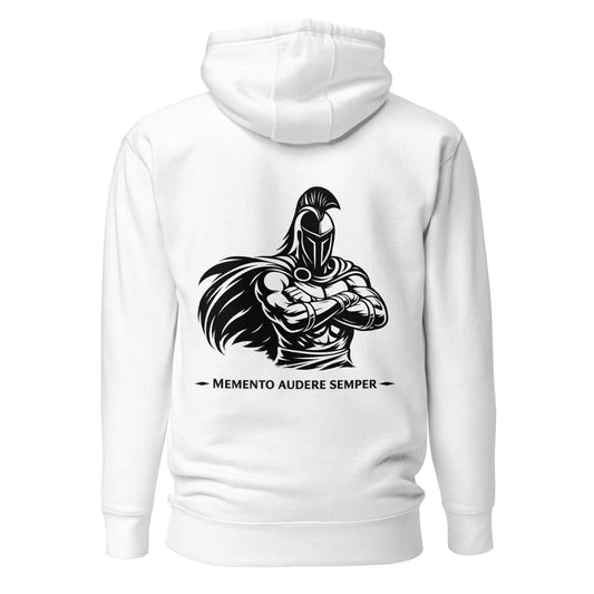 Hoodie Memento Audere Semper blanc visuel noir dos et logo noir face Mindset Ambition