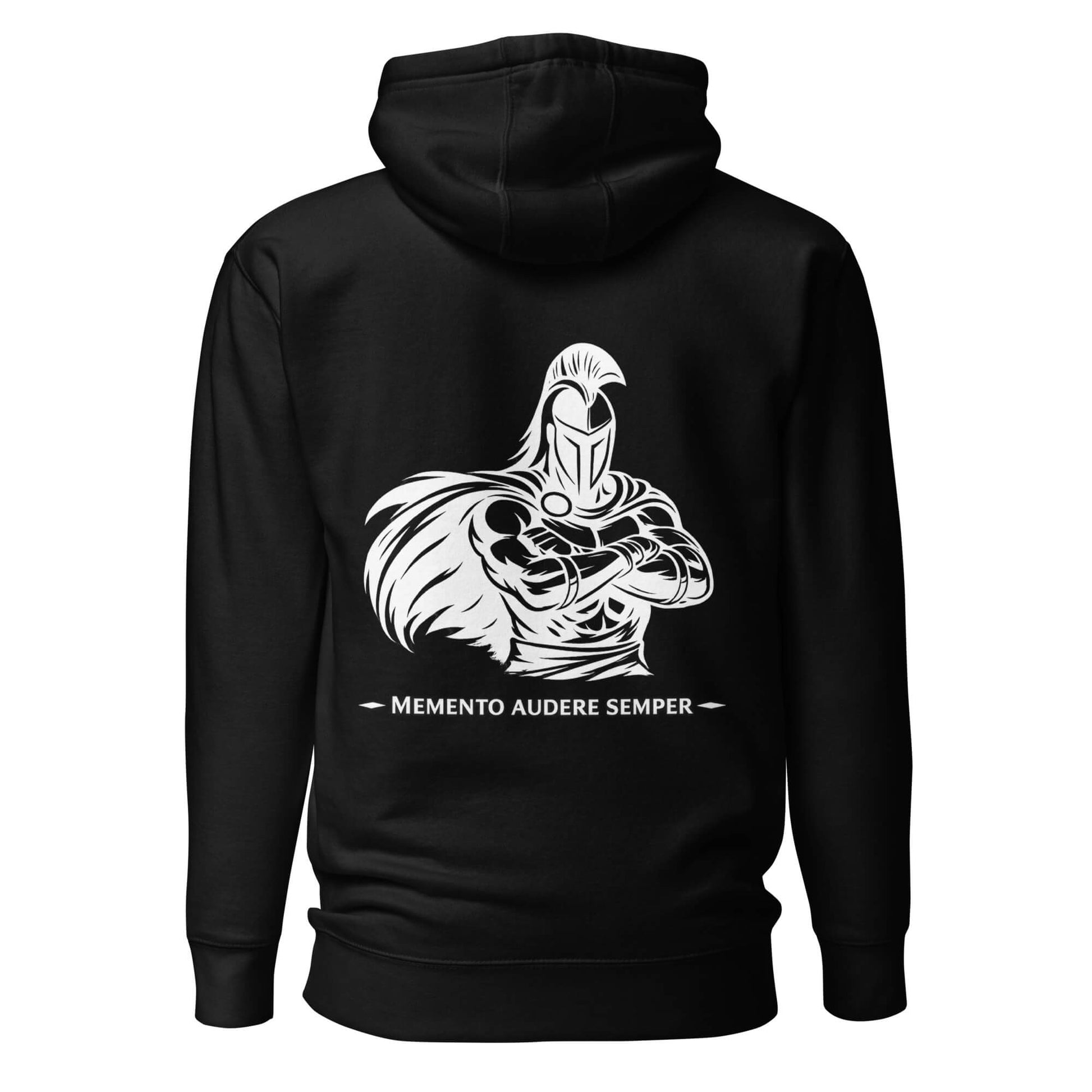 Hoodie Memento Audere Semper noir visuel blanc dos et logo blanc face Mindset Ambition