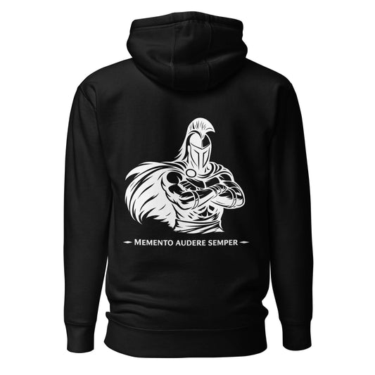 Hoodie Memento Audere Semper noir visuel blanc dos et logo blanc face Mindset Ambition