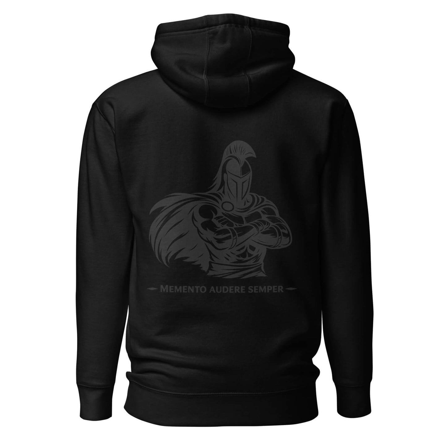 Hoodie Memento Audere Semper noir visuel gris dos et logo gris face Mindset Ambition