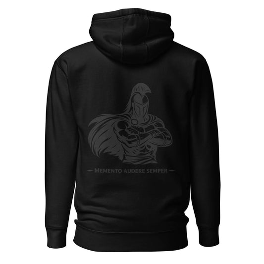 Hoodie Memento Audere Semper noir visuel gris dos et logo gris face Mindset Ambition
