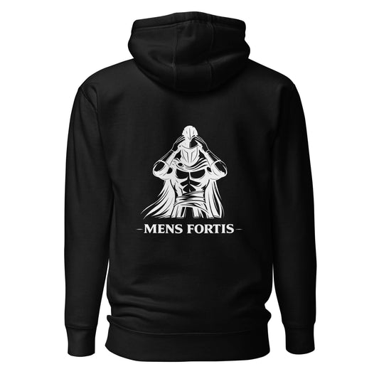 Hoodie Mens Fortis noir visuel blanc dos et logo blanc face Mindset Ambition