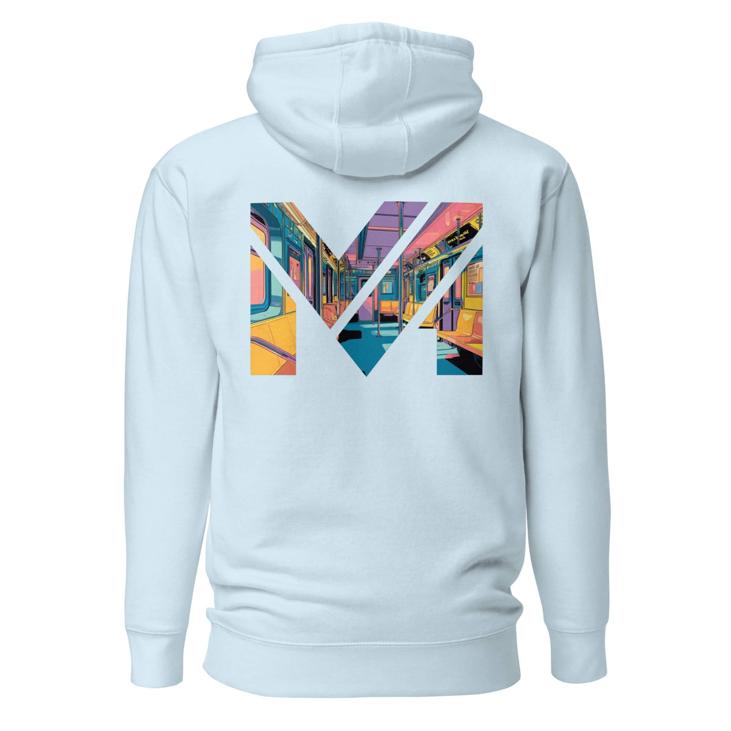 Hoodie MIND ON TRACK bleu ciel visuel coloré dos et logo noir face Mindset Ambition
