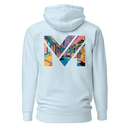 Hoodie MIND ON TRACK bleu ciel visuel coloré dos et logo noir face Mindset Ambition
