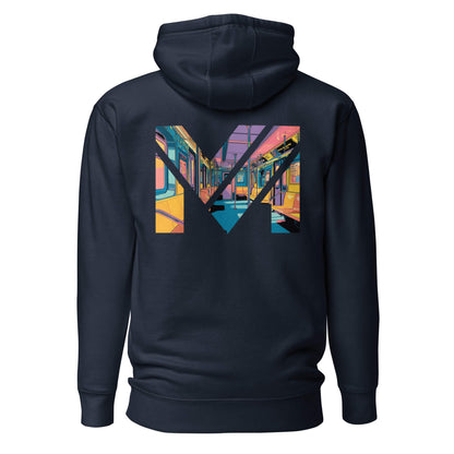 Hoodie MIND ON TRACK bleu marine visuel coloré dos et logo blanc face Mindset Ambition