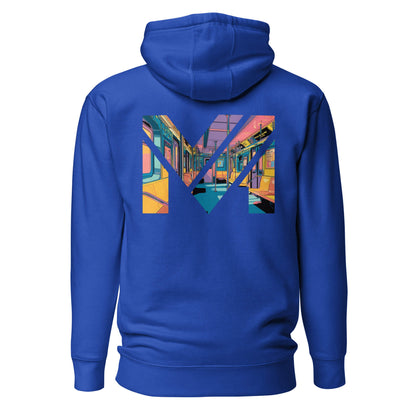 Hoodie MIND ON TRACK bleu roi visuel coloré dos et logo blanc face Mindset Ambition