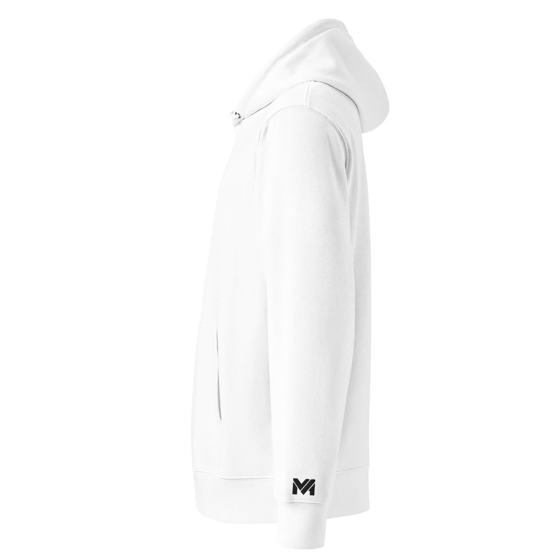 Hoodie Mindset Ambition blanc profil gauche logo noir brodé sur le poignet gauche Mindset Ambition