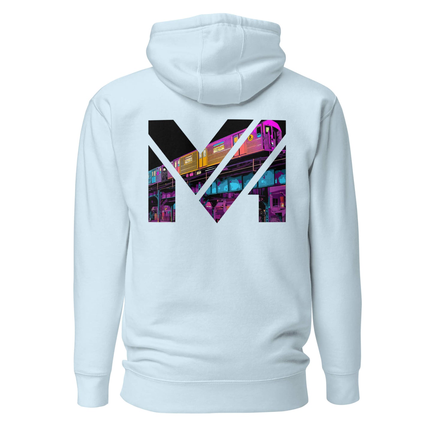 Hoodie NO DETOURS bleu ciel visuel coloré dos et logo noir face Mindset Ambition