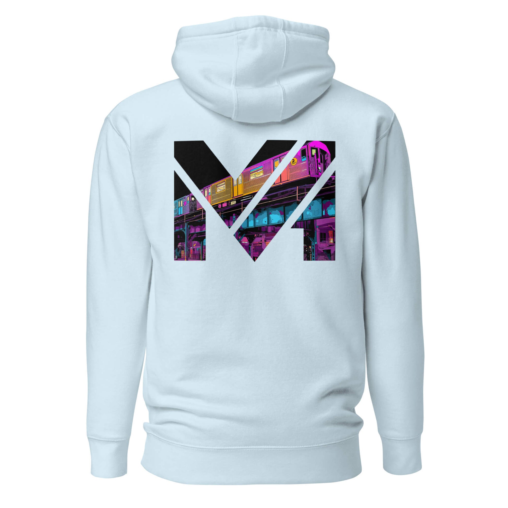 Hoodie NO DETOURS bleu ciel visuel coloré dos et logo noir face Mindset Ambition