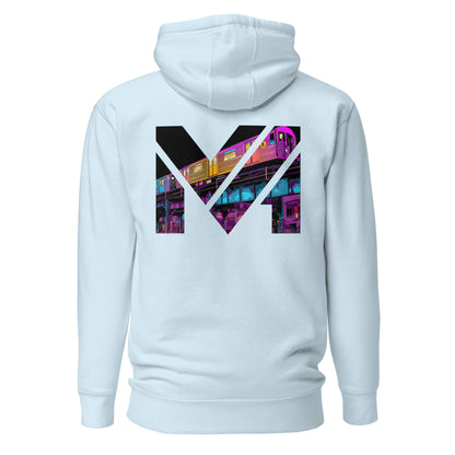 Hoodie NO DETOURS bleu ciel visuel coloré dos et logo noir face Mindset Ambition