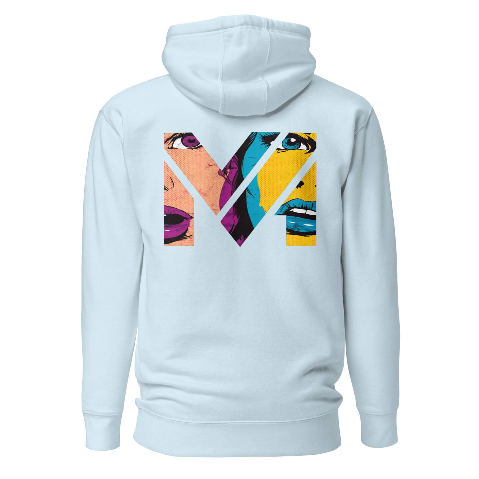 Hoodie NO FILTER bleu ciel visuel coloré dos et logo noir face Mindset Ambition