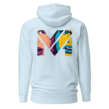 Hoodie NO FILTER bleu ciel visuel coloré dos et logo noir face Mindset Ambition