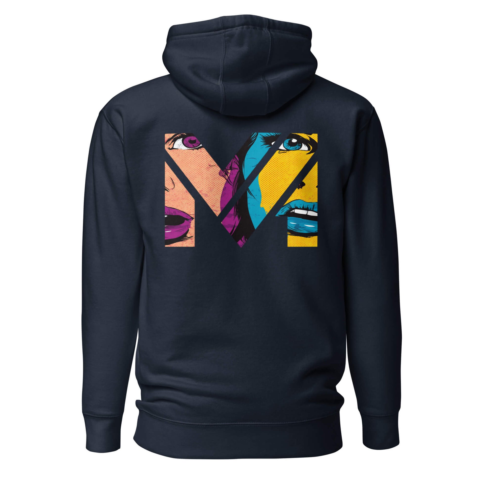 Hoodie NO FILTER bleu marine visuel coloré dos et logo blanc face Mindset Ambition