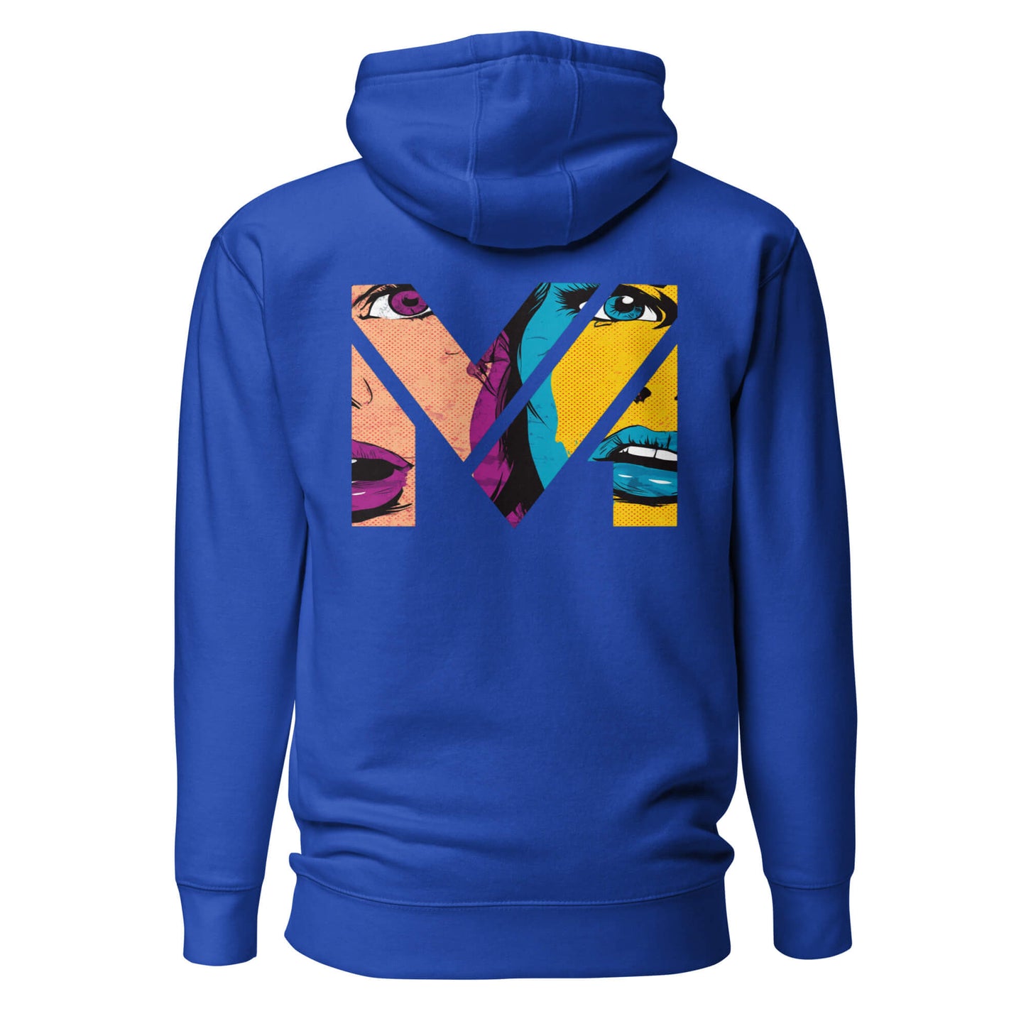 Hoodie NO FILTER bleu roi visuel coloré dos et logo blanc face Mindset Ambition