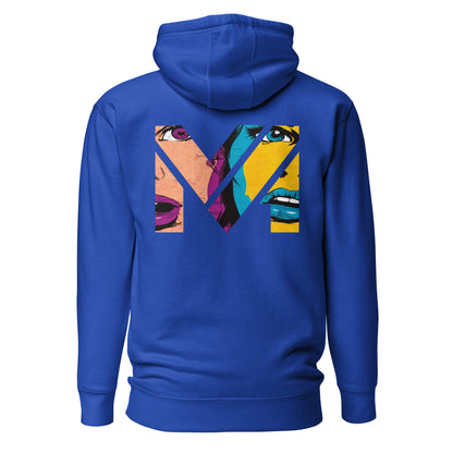 Hoodie NO FILTER bleu roi visuel coloré dos et logo blanc face Mindset Ambition