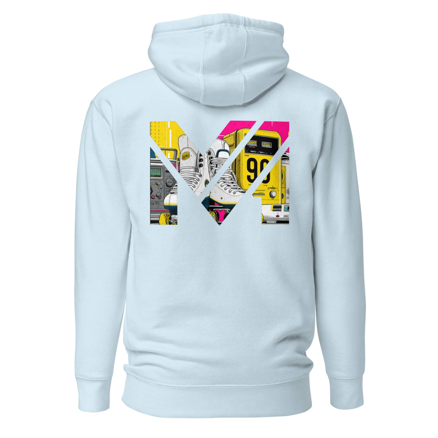Hoodie RAW IMPACT bleu ciel visuel coloré dos et logo noir face Mindset Ambition