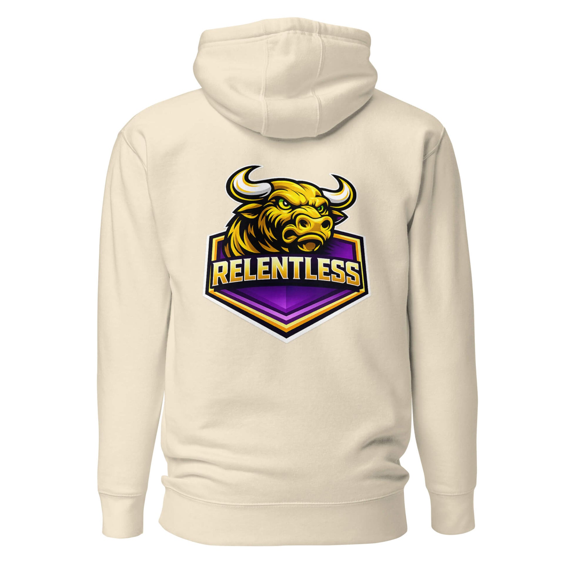 Hoodie RELENTLESS beige visuel coloré dos et logo noir face Mindset Ambition