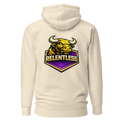 Hoodie RELENTLESS beige visuel coloré dos et logo noir face Mindset Ambition