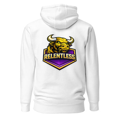 Hoodie RELENTLESS blanc visuel coloré dos et logo noir face Mindset Ambition
