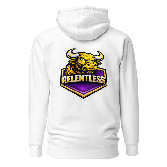 Hoodie RELENTLESS blanc visuel coloré dos et logo noir face Mindset Ambition